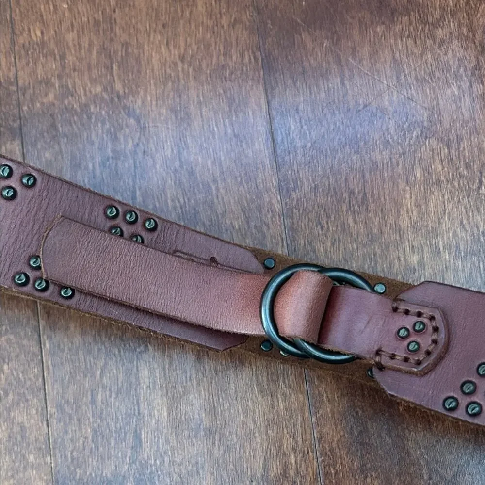 Western Boho Thick Brown Leather Belt with Stud Accents, D Ring Closure